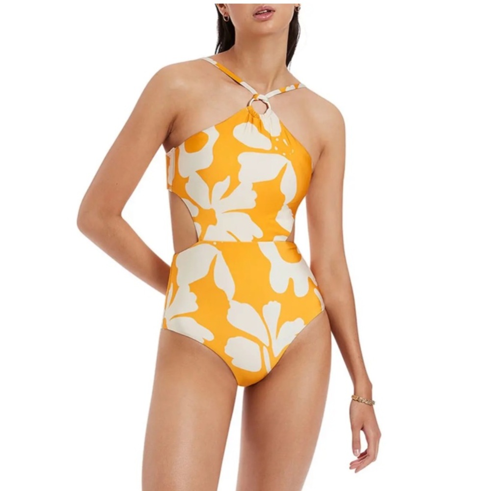 JETS Yellow Emporio Highneck Trim One Piece Swimsuit Sz 8 (38)